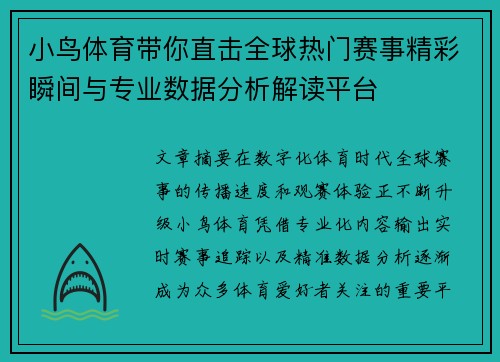 小鸟体育带你直击全球热门赛事精彩瞬间与专业数据分析解读平台