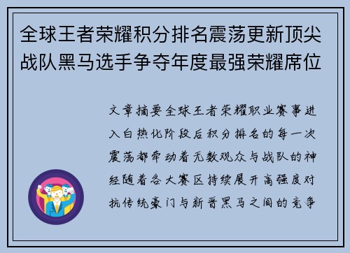 全球王者荣耀积分排名震荡更新顶尖战队黑马选手争夺年度最强荣耀席位