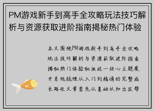 PM游戏新手到高手全攻略玩法技巧解析与资源获取进阶指南揭秘热门体验秘诀